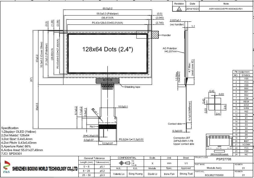 Mono 2.4′′ OLED Display with 128*64 Resolution for Smart Watch